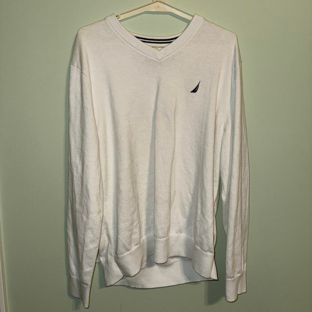 Nautica White V-Neck Sweater Classic Knit